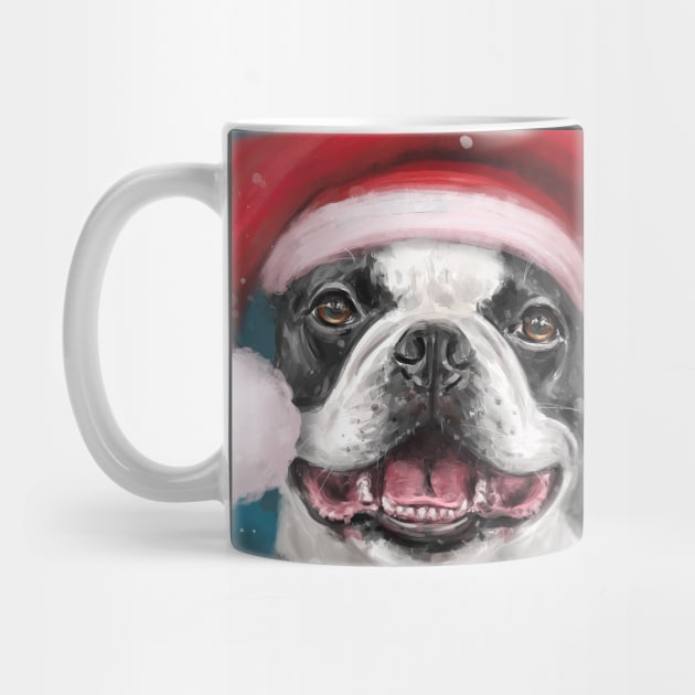 Painting of a Happy Boston Terrier Wearing a Santa Hat and Smiling on a Snowy Night Background by ibadishi